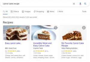 An image of a featured snippet found when searching for carrot cake recipes