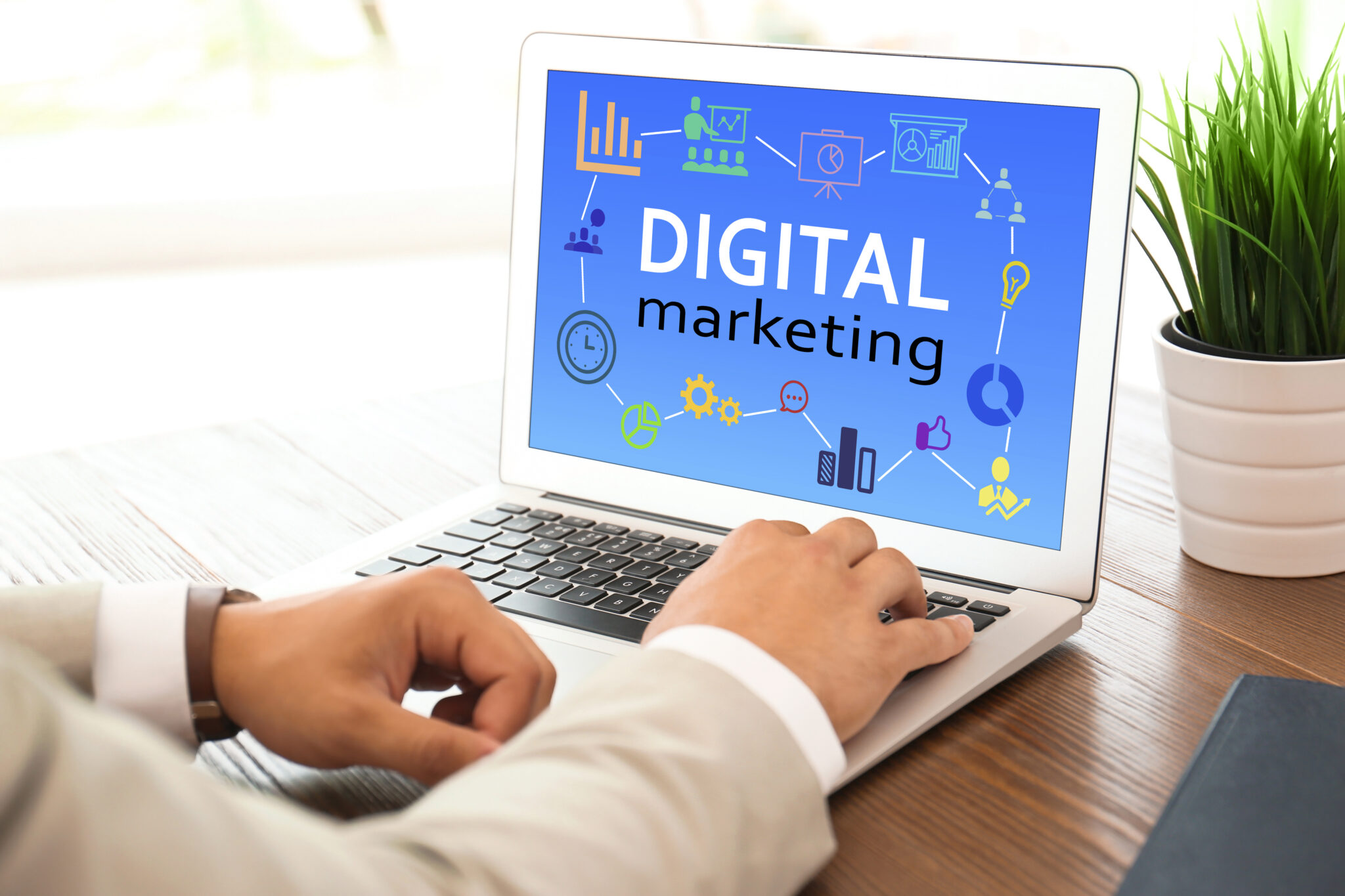 Digital,Marketing,Concept.,Man,Using,Modern,Laptop,At,Table