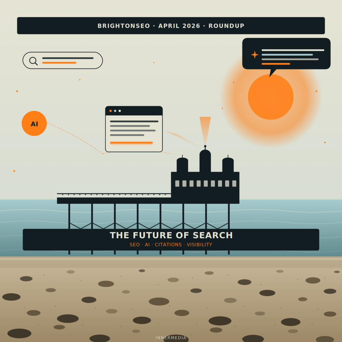 Cover illustration for 'The Future of Search' featuring futuristic icons and a large sunburst, with subtitle 'SEO · AI · Citations · Visibility'.